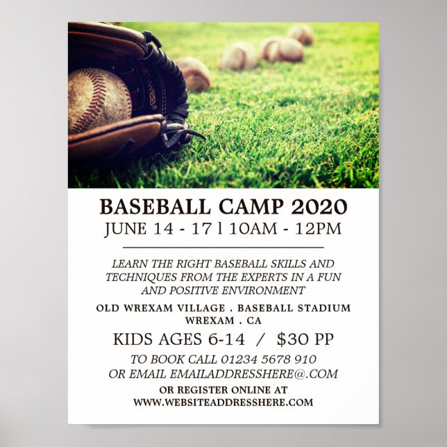 Baseballs on Field, Baseball Camp Advert Poster (Front)