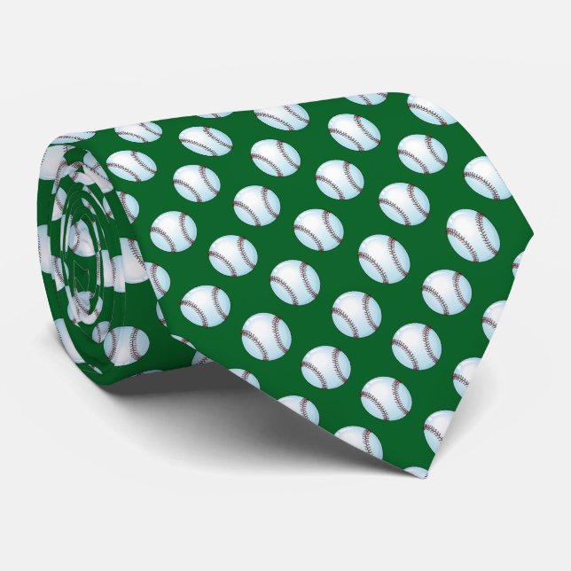 Baseballs on Team Colour Green Tie (Rolled)