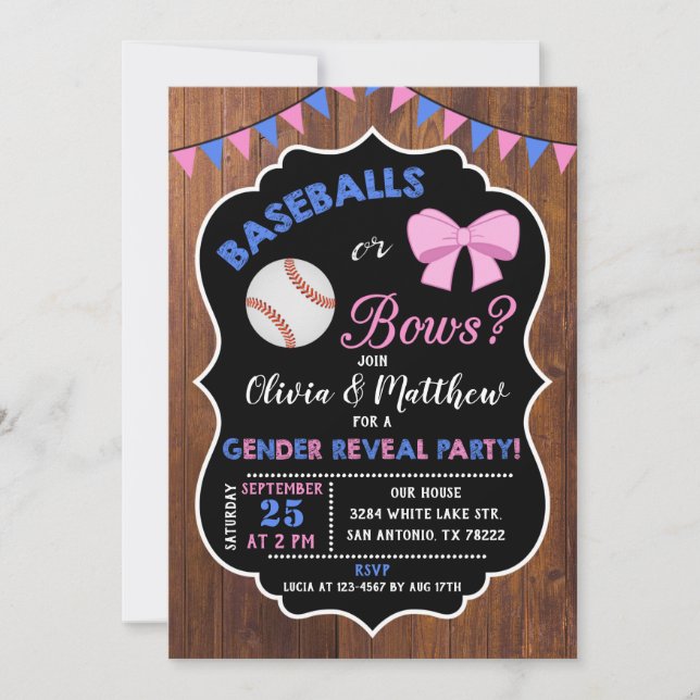 Baseballs or bows gender reveal invitation (Front)