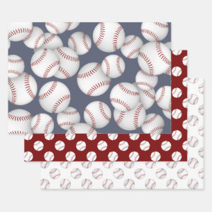 baseballs softballs coordinating set of 3 wrapping paper sheet