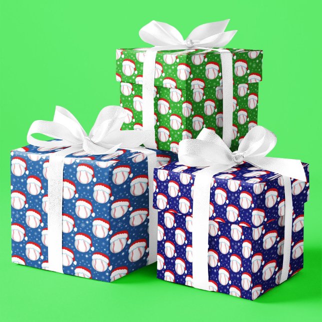 Baseballs Wear Santa's Hat & Snowflakes Colourful Wrapping Paper Sheet (Creator Uploaded)