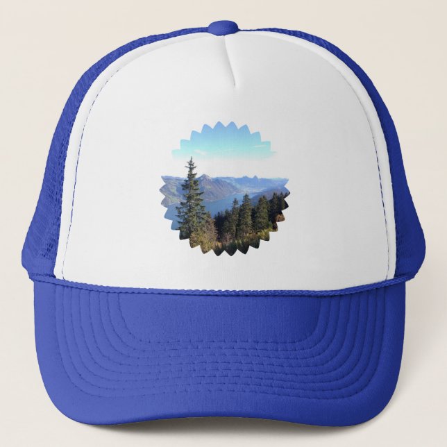 Basecap with mountain and forest motif - pure natu trucker hat (Front)