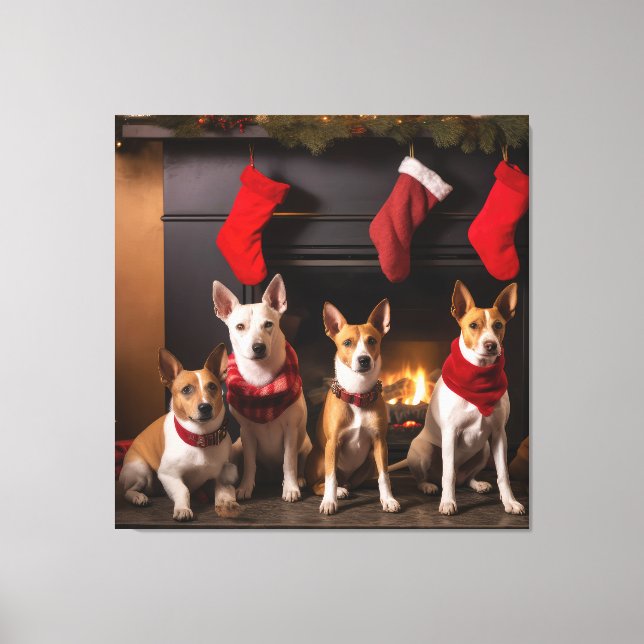 Basenji by the Fireplace Christmas Canvas Print (Front)