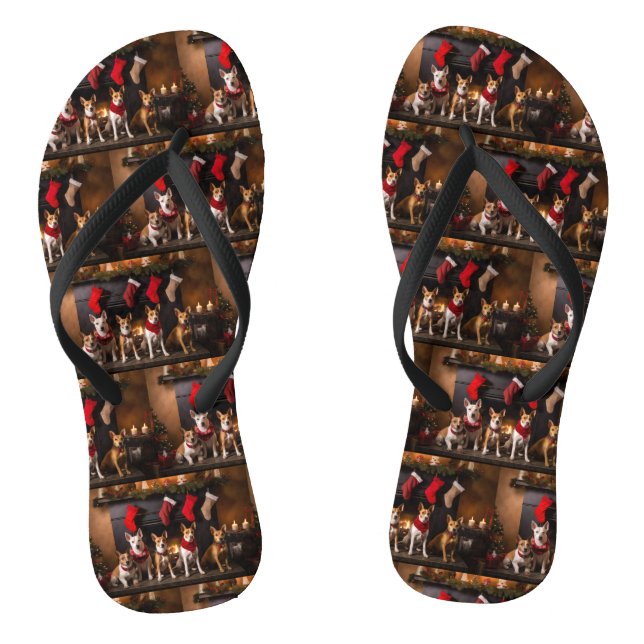 Basenji by the Fireplace Christmas Flip Flops (Footbed)
