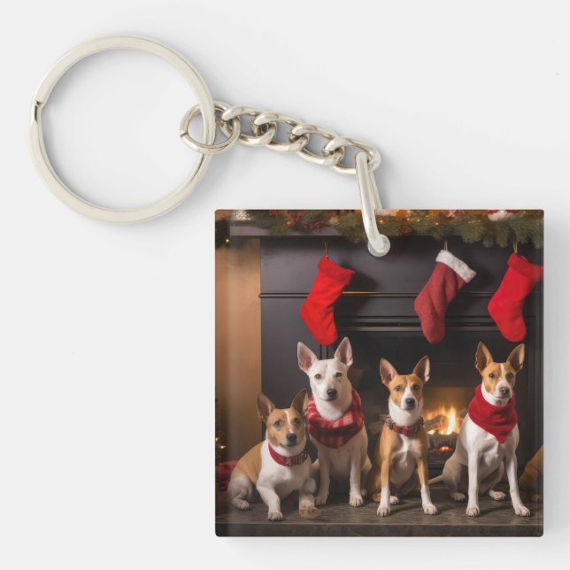 Basenji by the Fireplace Christmas Key Ring (Front)