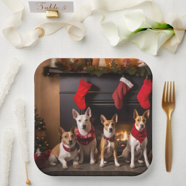 Basenji by the Fireplace Christmas Paper Plate (Wedding)