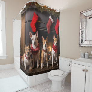 Basenji by the Fireplace Christmas Shower Curtain