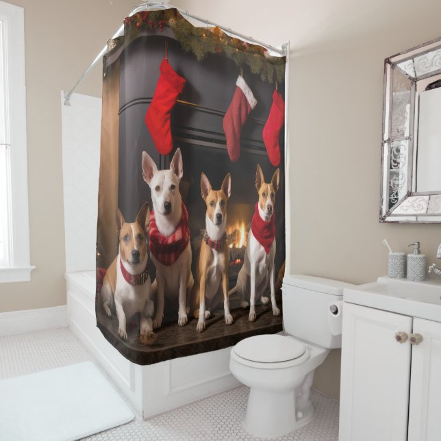 Basenji by the Fireplace Christmas Shower Curtain (In Situ)