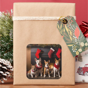 Basenji by the Fireplace Christmas Square Sticker