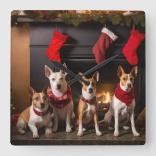 Basenji by the Fireplace Christmas Square Wall Clock