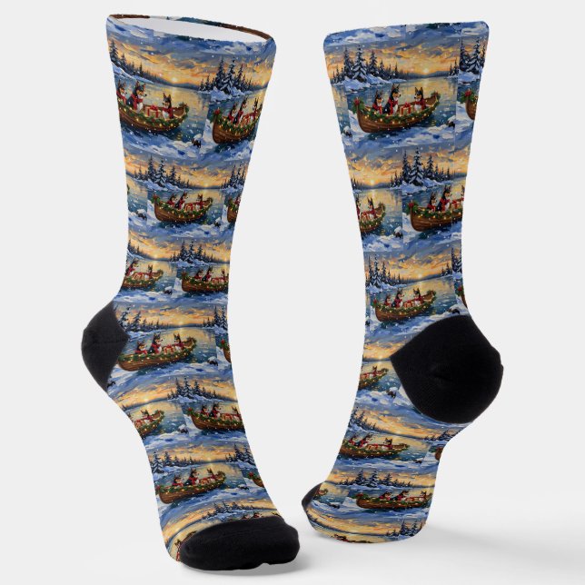 Basenji Christmas Boat Holiday Socks (Angled)