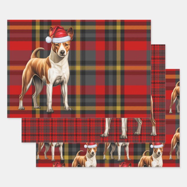 Basenji Christmas Dog Red Holiday Plaid Wrapping Paper Sheet (Set)