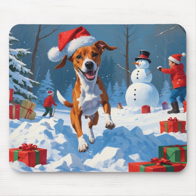Basenji Christmas Festive Snow Scene Mouse Mat (Front)