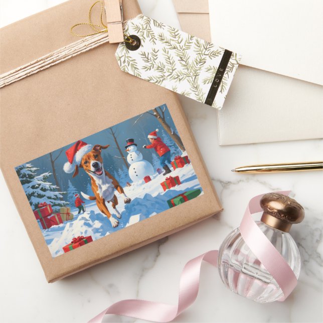 Basenji Christmas Festive Snow Scene Rectangular Sticker (Gifting)