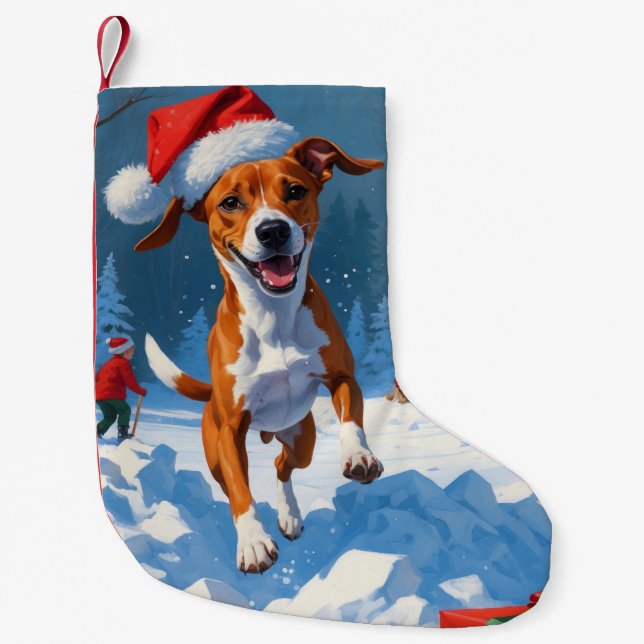 Basenji Christmas Festive Snow Scene Small Christmas Stocking (Front)