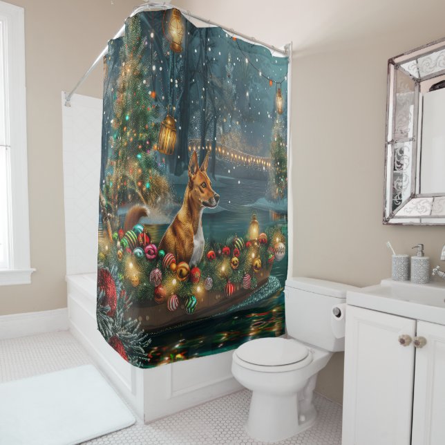 Basenji Christmas Festive Voyage Shower Curtain (In Situ)