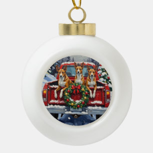 Basenji Christmas Red Truck Holiday Ceramic Ball Christmas Ornament
