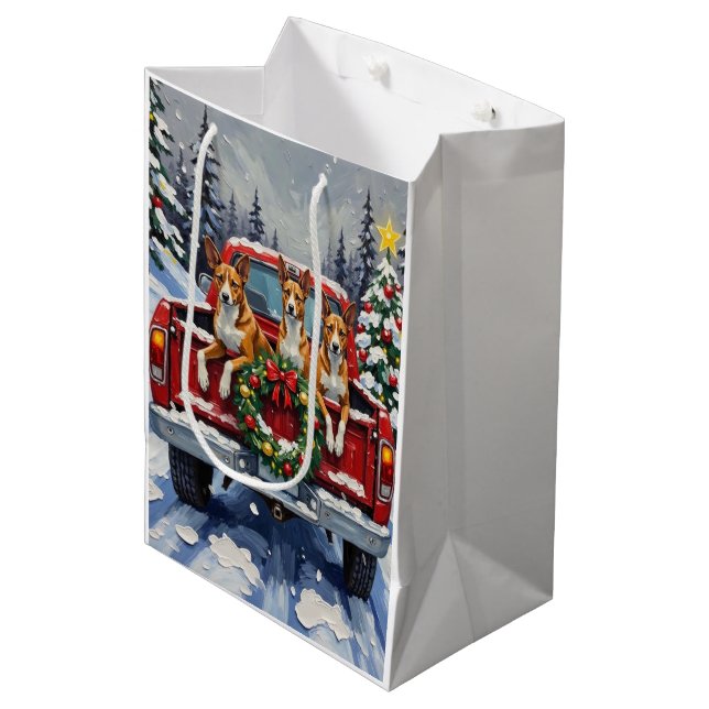 Basenji Christmas Red Truck Holiday Medium Gift Bag (Front Angled)