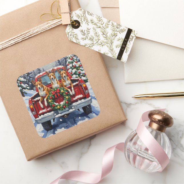 Basenji Christmas Red Truck Holiday Square Sticker (Gifting)
