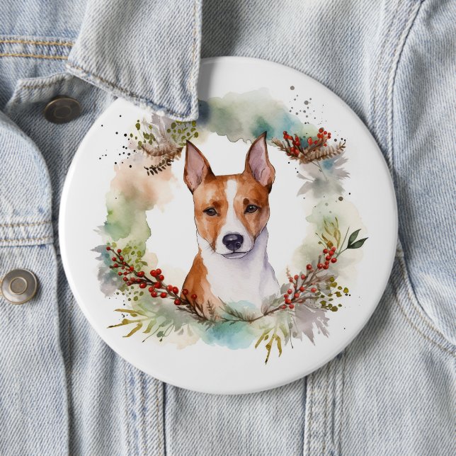 Basenji Christmas Wreath Festive Pup 6 Cm Round Badge (In Situ)