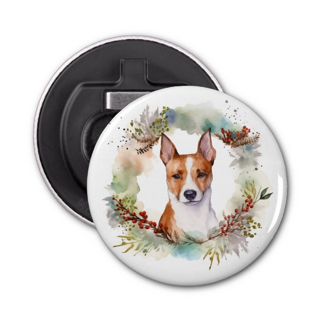 Basenji Christmas Wreath Festive Pup Bottle Opener (Front)