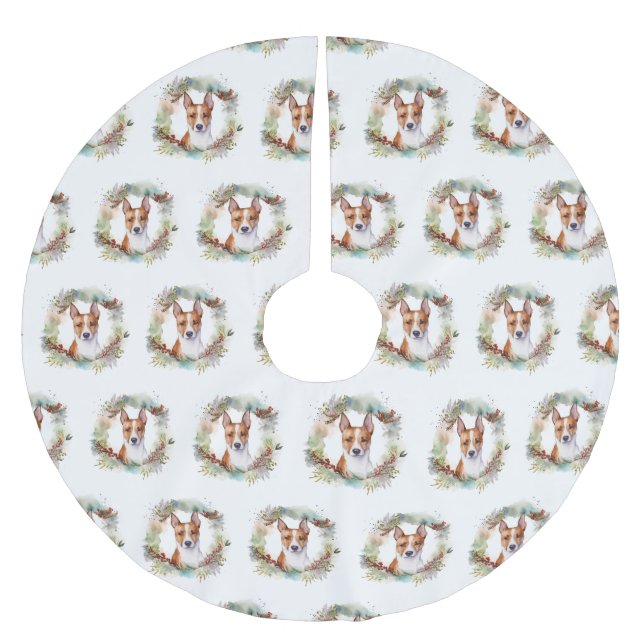 Basenji Christmas Wreath Festive Pup Brushed Polyester Tree Skirt (Front)