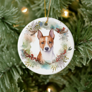 Basenji Christmas Wreath Festive Pup Ceramic Tree Decoration
