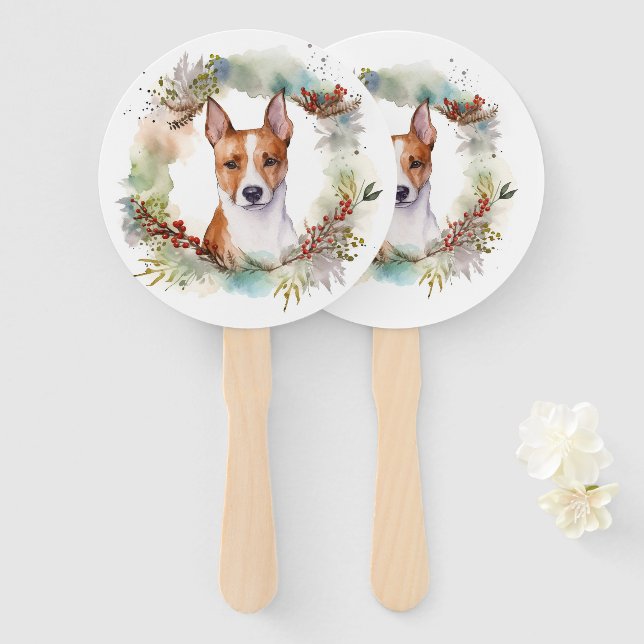 Basenji Christmas Wreath Festive Pup Hand Fan (Front and Back)