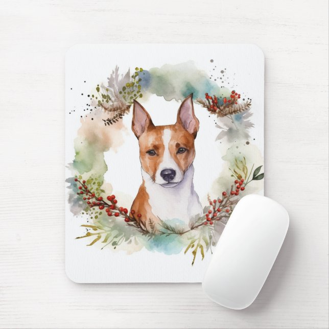 Basenji Christmas Wreath Festive Pup Mouse Mat (With Mouse)