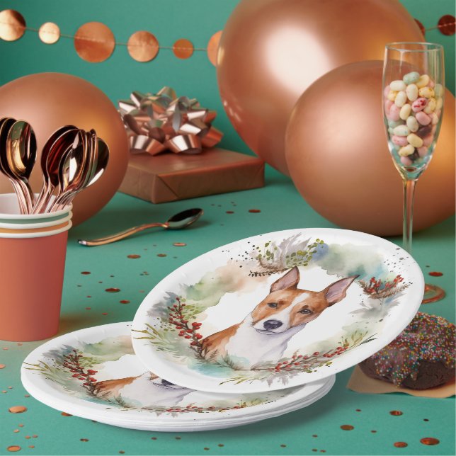 Basenji Christmas Wreath Festive Pup Paper Plate (Multi)