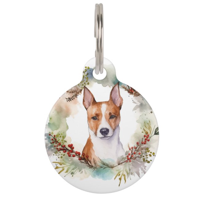 Basenji Christmas Wreath Festive Pup Pet Tag (Front)