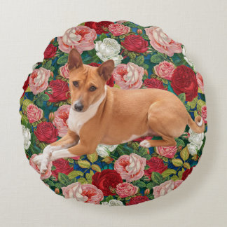 Basenji Dog and Roses  Round Cushion