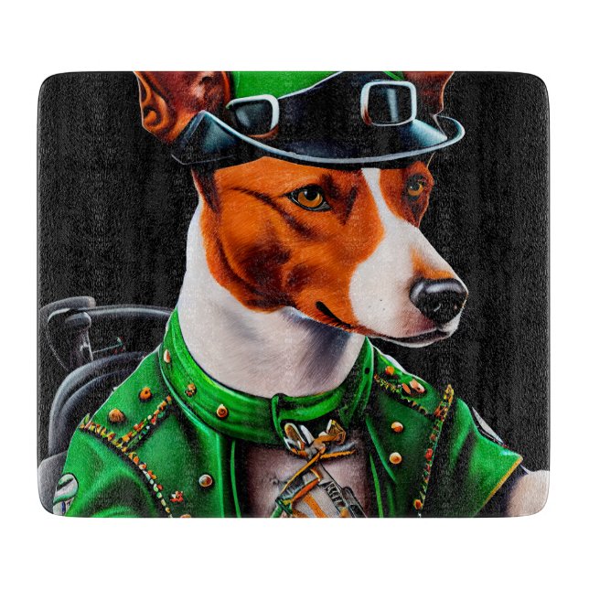 Basenji Dog driving bike St. Patrick's Day Cutting Board (Front)