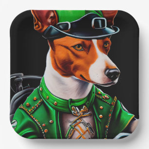 Basenji Dog driving bike St. Patrick's Day Paper Plate