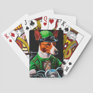 Basenji Dog driving bike St. Patrick's Day Playing Cards