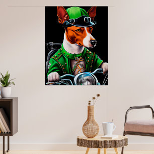 Basenji Dog driving bike St. Patrick's Day Poster