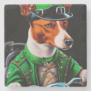 Basenji Dog driving bike St. Patrick's Day Stone Coaster