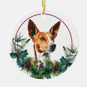 Basenji Dog Evergreen Wreath Ceramic Tree Decoration