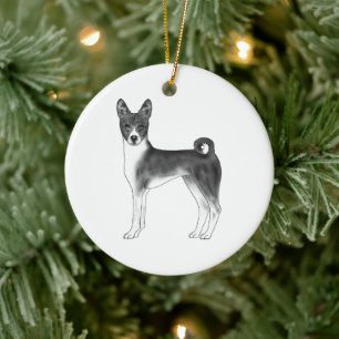 Basenji Dog In Black And White With Custom Text Ceramic Tree Decoration