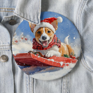 Basenji Dog in Sledge Let it Snow Christmas 6 Cm Round Badge