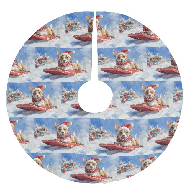 Basenji Dog in Sledge Let it Snow Christmas Brushed Polyester Tree Skirt (Front)
