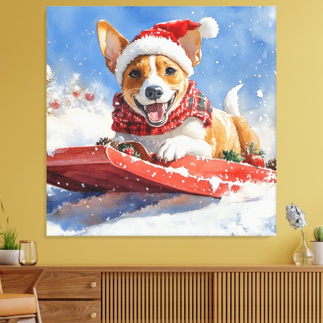 Basenji Dog in Sledge Let it Snow Christmas Canvas Print (Insitu(LivingRoom))