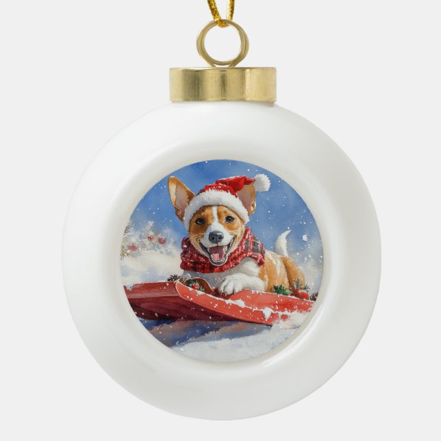 Basenji Dog in Sledge Let it Snow Christmas Ceramic Ball Christmas Ornament (Front)