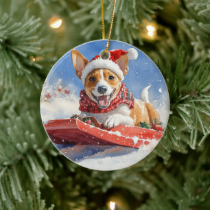Basenji Dog in Sledge Let it Snow Christmas Ceramic Tree Decoration