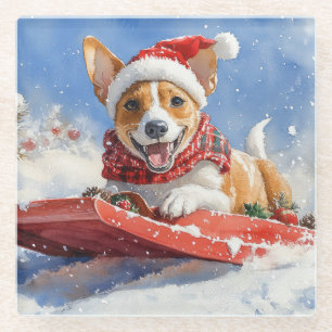 Basenji Dog in Sledge Let it Snow Christmas Glass Coaster