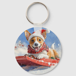 Basenji Dog in Sledge Let it Snow Christmas Key Ring