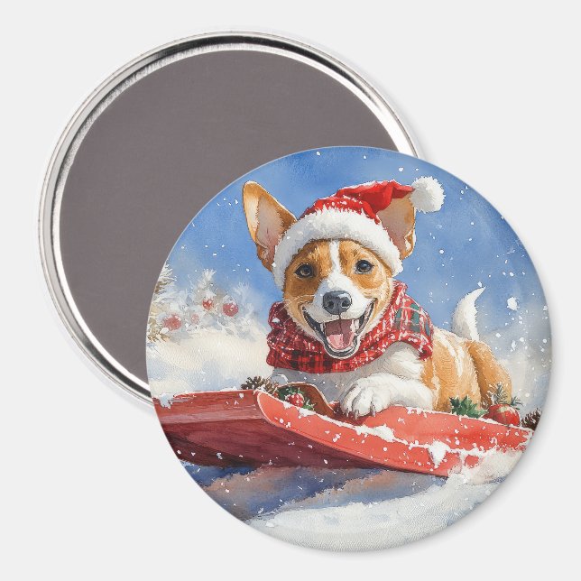 Basenji Dog in Sledge Let it Snow Christmas Magnet (Front/Back)