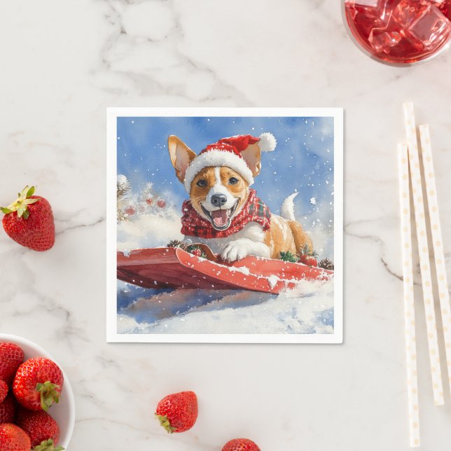 Basenji Dog in Sledge Let it Snow Christmas Napkin (Insitu)