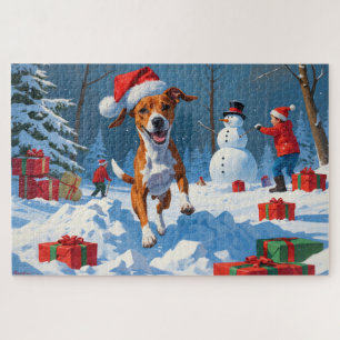 Basenji Dog Playing in Snow Winter Scene Jigsaw Puzzle
