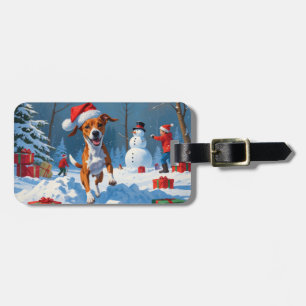 Basenji Dog Playing in Snow Winter Scene Luggage Tag